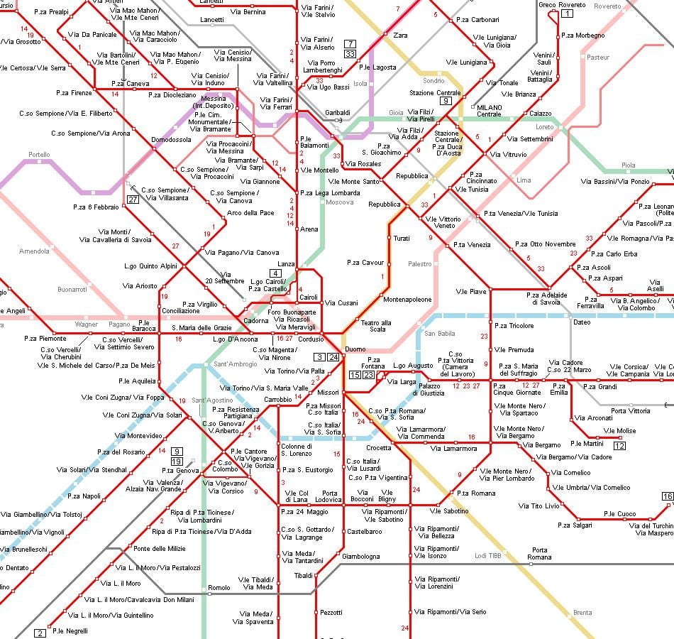 tramvay Milan xəritə